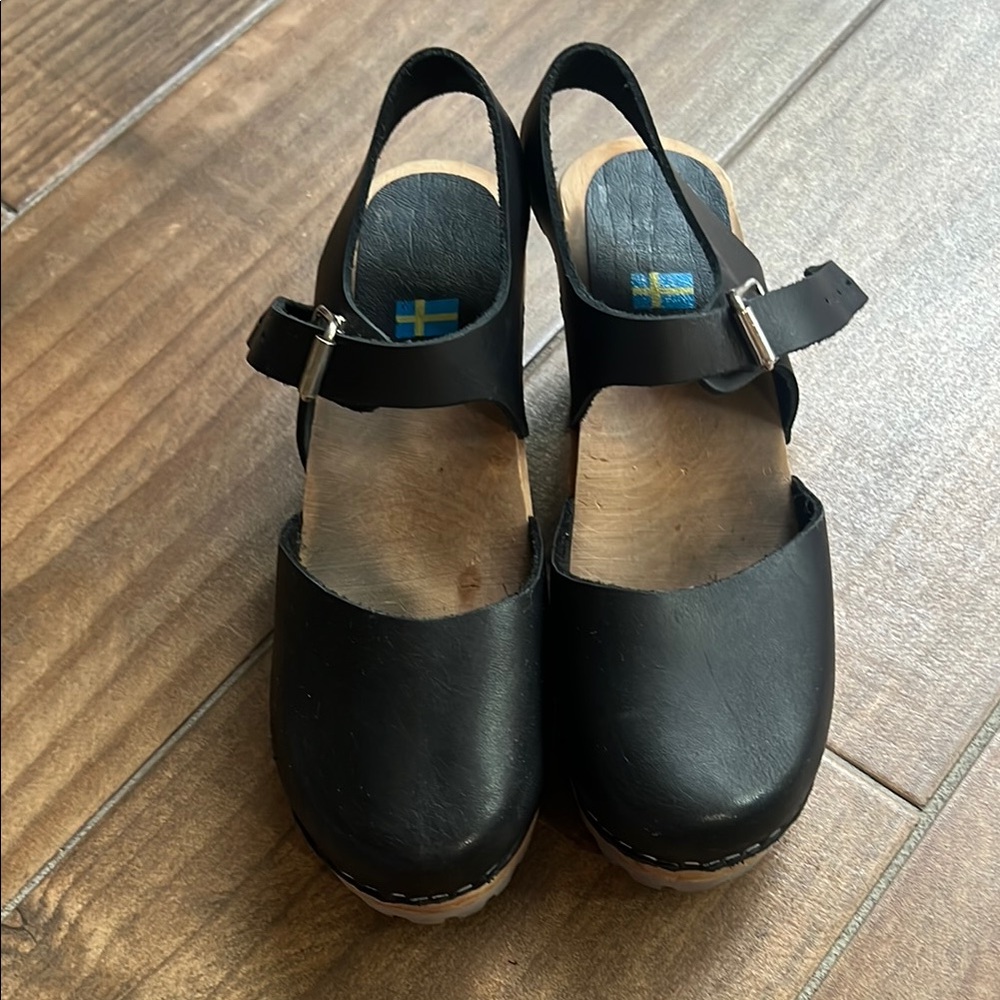 Swedish Hasbeens Black Leather Mules